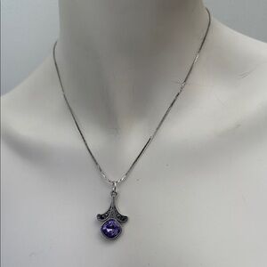 Silver Toned Lariat Necklace with Removable Purple Stone Trifari Pendant